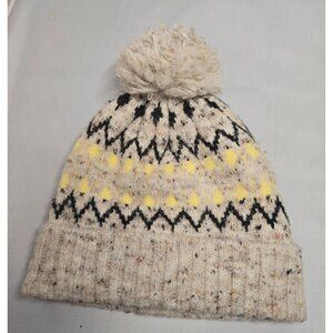 Beige & Yellow Fair Isle Pom-Pom Knit Beanie Hat 49% Recycled Polyester